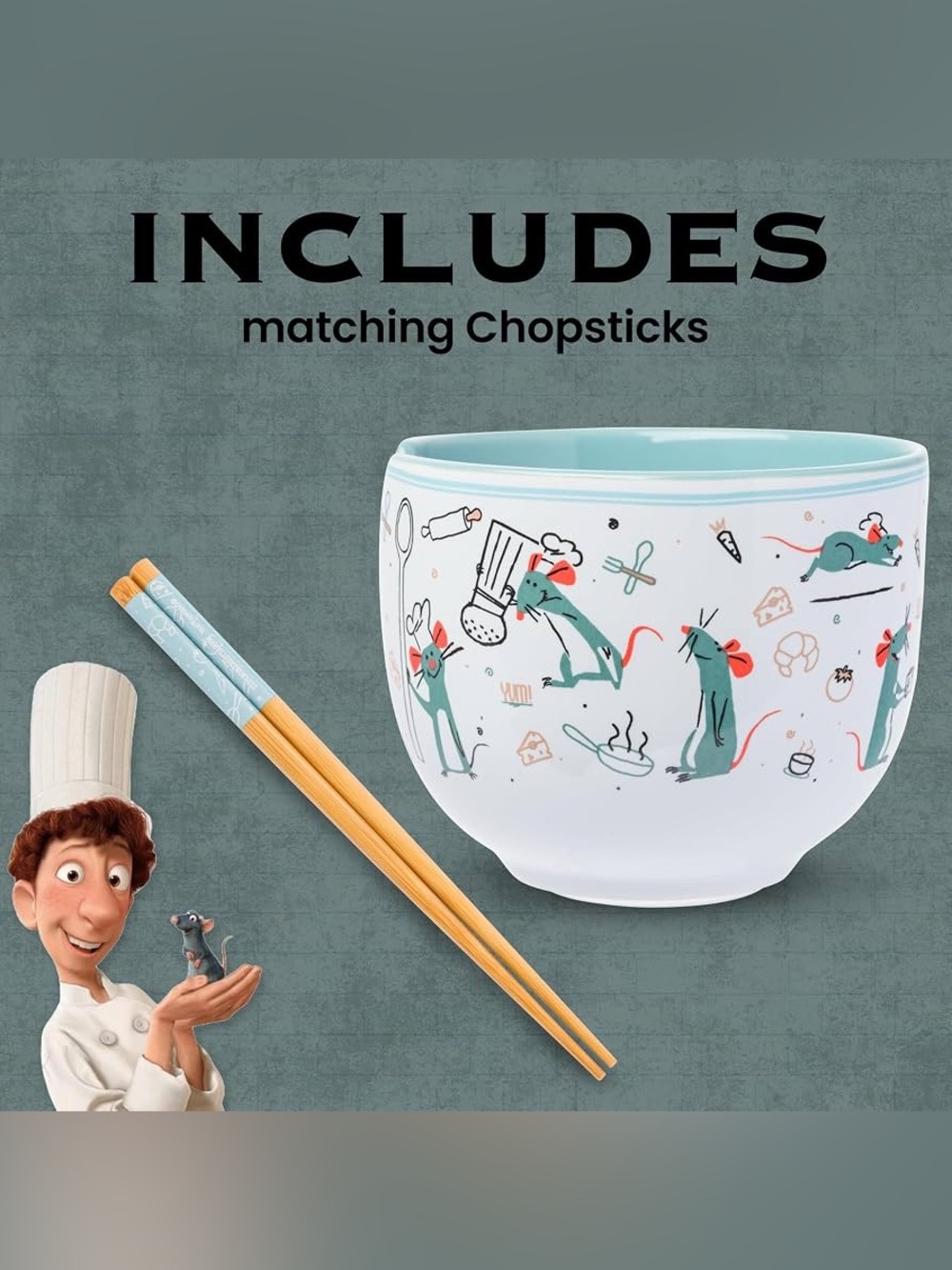 Disney Pixar Ratatouille Remy Ceramic Ramen Noodle Bowl with Chopsticks20 Ounces